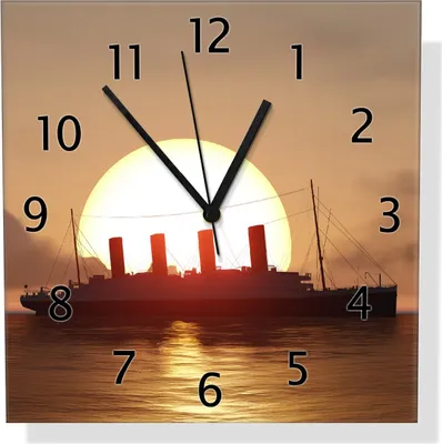 Produktbild von Wallario Design Wanduhr Ozeandampfer im Sonnenuntergang aus Echtglas, Größe 30 x 30 cm