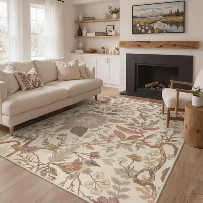 Waschbarer Vintage-Boho-Teppich, 160 x 230 cm, Blumenmuster, rutschfest