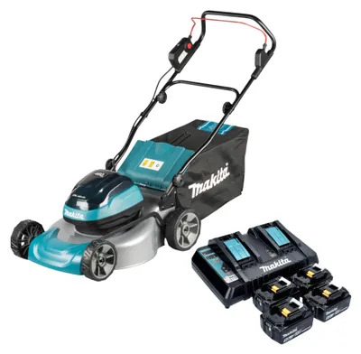 Produktbild von Makita DLM 466 PT4 Akku Rasenmäher 36 V ( 2x 18 V ) 46 cm Brushless + 4x Akku 5,0 Ah + Ladegerät