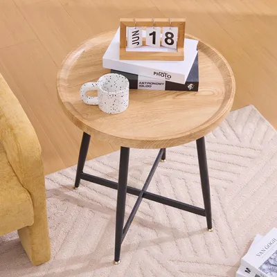 Image de OKWISH Table d’appoint - Table Ronde Design Scandinave en Bois et Métal, Cadre Métallique Noir, 55 × 55 × 60 cm - Marron et Noir