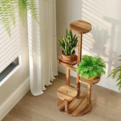 Produktbild von Bamworld Holzblumenständer 4-stöckig, platzsparender Pflanzenregal für Wohnzimmer & Garten, Blumentreppe, Urfarbe