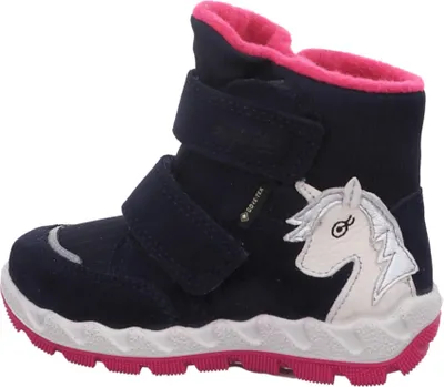 A single blue boot with pink lining and a unicorn design on the side, shown from a side-angle on a white background.