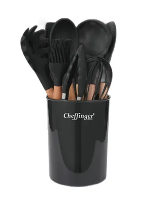Image de Cheffinger 12 pièces ustensiles de cuisine couverts de cuisine silicone manche en bois noir