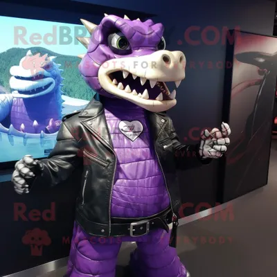 Produktbild von Lila REDBROKOLY Krokodil Maskottchen kostüm mit Bikerjacke und Manschettenknöpfen