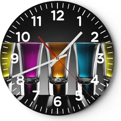 Produktbild von Wanduhr - Rund - Glasuhr - Gläser Alkohol trinken Saft - 30x30cm - Schleichendes Uhrwerk - Lautlos - zum Aufhängen bereit - Dekoration Modern - Wanddekoration aus Glas - C4AR30x30-2194