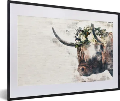 Produktbild von MuchoWow® Gerahmtes Poster Schottische Highlander - Kühe - Blumen 60x40 cm - Poster mit Schwarzem Bilderrahmen Wandposter Rahmen Foto Bilder - Schlafzimmer - Plakat in Rahmen - Drucken