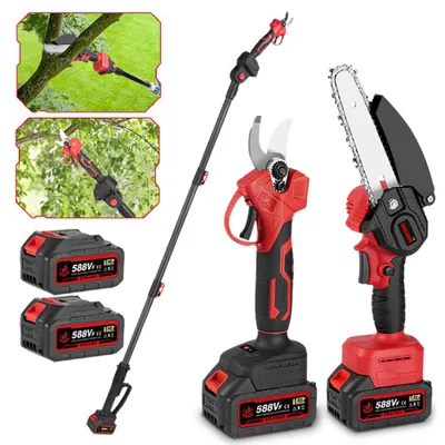 Produktbild von Akku-Hochentaster + Akku-Astschere 3 in 1 Bürstenlose Akku Kettensäge Elektrisch Gartenschere Bis zu 2 m ausziehbar mit 2 Akkus