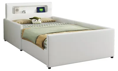 Productafbeelding van Kinderbed - Enkelbed 90x200 cm - Bekleed met kunstleer (PU) - Bed met opbergruimte - Valbeveiliging - Wit