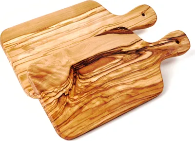 Two olive wood cutting boards with handles are displayed on a white background.