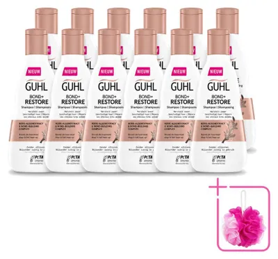 Imagen del producto de 12 champús Guhl Bond+ Restore para cabello dañado, 250 ml cada uno, pack ahorro, 12 unidades