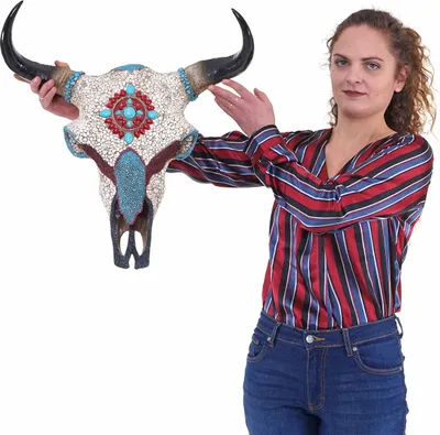 Produktbild von Deko Kuhschädel HWC-D31, Stierkopf Bulle Tierkopf Kuhkopf Trophäe mit Mosaik, Polyresin 51x50x25cm