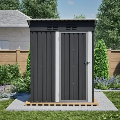 Produktbild von Gartenhaus Flachdach 152x84x182 cm mit abschließbarer Tür, Metall Geräteschuppen, Fahrradgarage & Gartenschrank, Wetterfest & Sicher, Schwarz