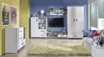 Produktbild von Jugendzimmer Kinderzimmer Set A Frank, 5-teilig, Farbe: Weiß / Grau