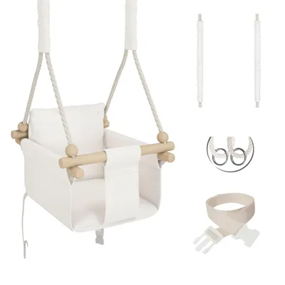 Produktbild von MAMOI Kinderschaukel Holz ab 1 Jahr Indoor & Outdoor ungefärbt mit Sicherheitsgurt Belastbarkeit 25kg B 33cm T 33cm H(vorne) 21cm H(Rückenlehne) 26cm vormontiert Montessori formbeständiger Sitz waschbares Textil