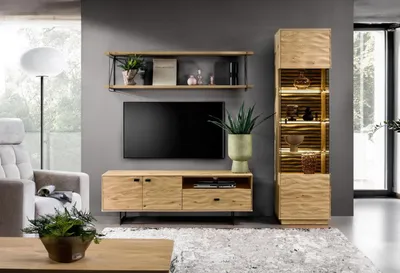 Zdjęcie produktu dla Zestaw do salonu nowoczesny telewizor szafka RTV brązowa półka ścienna