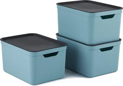 Produktbild von Unyqoos® Aufbewahrungsboxen-Set 3×16 l mit Deckel, Kunststoff (recyceltes PP), türkis/antrazit, A4-geeignet, 35 x 25 x 20 cm