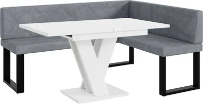 Produktbild von MEBLINI Eckbank für Esszimmer mit ausziehbarem Tisch  - Küchenbank - Essecke - Sitzecke Küche - ERIC - U-Beine 128x168x87cm Rechts - Grau Samt/M Weiß Matt