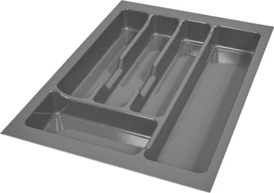 A gray plastic cutlery organizer with multiple compartments.