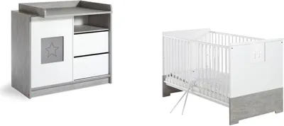 Produktbild von Schardt Eco Star 3-teiliges Babyzimmer Sparset: Kinderbett (70x140 cm) mit Umbauseiten zum Jugendbett, Wickelkommode mit Umbaumöglichkeiten – Holzdekor Driftwood / Weiß