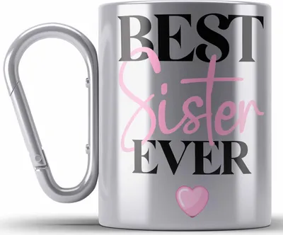 Produktbild von Trendation - Best Sister Ever Edelstahl Tasse Karabiner Geschenk für Schwester von Bruder Schwester Lieblingsschwester (Silber)