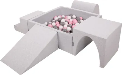 Produktbild von KiddyMoon spielplatz aus schaumstoff mit quadrat bällebad (300 bälle) ballgruben für babys spielbad hindernisläufen, hergestellt in der eu, hellgrau:weiß/grau/puderrosa