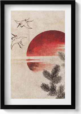 Produktbild von Japanische Kunst der untergehenden Sonne– Wandbild mit Rahmen – Gerahmtes Bild  – Wanddekoration – 40x60 cm –  Schwarz