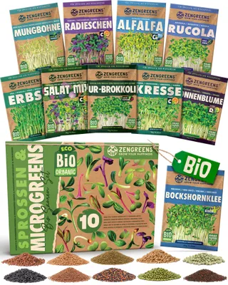 Produktbild von ZenGreens® Bio Sprossensamen Set 10 Sorten – Keimsaat für Sprossen & Microgreens, KI-generiertes Bild