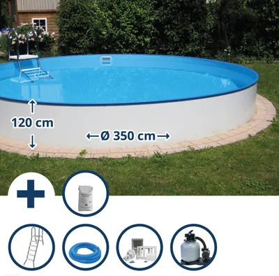 Produktbild von Stahlwandpool Set (7-teilig) halbhoch rund Baja 350 x 120 cm, Stahl 0,6 mm weiß Folie 0,6 mm blau