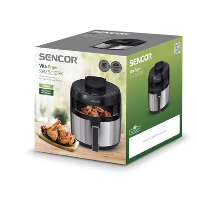 The image shows the retail packaging of a Sencor Vita Fryer SFR 5010BK.