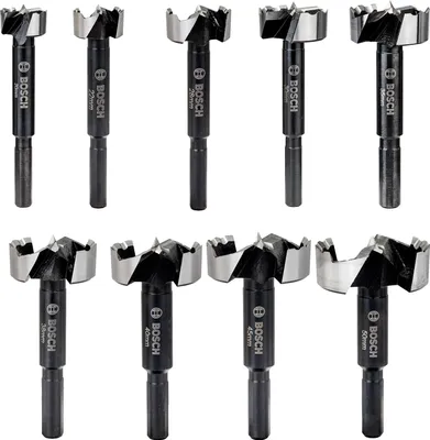 A collection of Bosch Forstner drill bits arranged in two rows against a white background.
