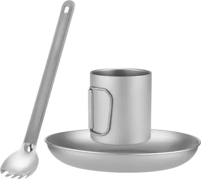 Zdjęcie produktu dla Tytanowy zestaw przyborów kempingowych dla jednej osoby, ultralekki, przenośny, kubek 450 ml, talerz obiadowy 800 ml, kubek z łyżką, przybory kuchenne, zestaw 3-częściowy