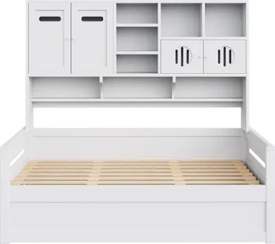 Produktbild von Merax Tagesbett Holz-Sofabett 90x200, hydraulisches Stauraumbett mit Regal, Schrank und Ablagefach, Multifunktionsbett Kinderbett aus Massivholz, Weiß