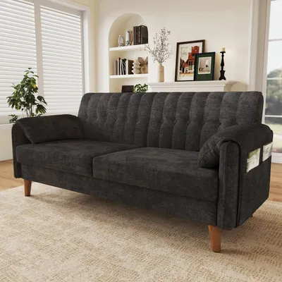 Imagen del producto de Sofá Merax de 2 plazas, tapizado en chenilla, con acolchado grueso, respaldo capitonado, 2 cojines para los reposabrazos, bolsillos laterales, patas de madera maciza, color gris oscuro