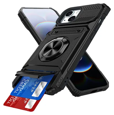 Produktbild von Dual Layer Hülle für iPhone 14 Plus /iPhone 15 Plus mit Kartenhalter, Magnetische Ring Ständer Militärschutz Stoßfeste Handyhülle Schwarz