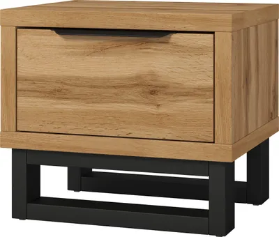 A single nightstand with a wooden drawer and black metal legs against a white background.