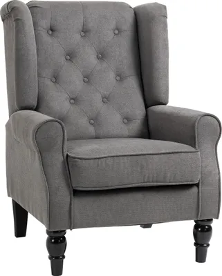 Image de Fauteuil individuel Fauteuil relax Fauteuil à oreilles avec capitonnage, pieds en bois, polyester, gris foncé, 74x86x102cm pour salon et chambre à coucher