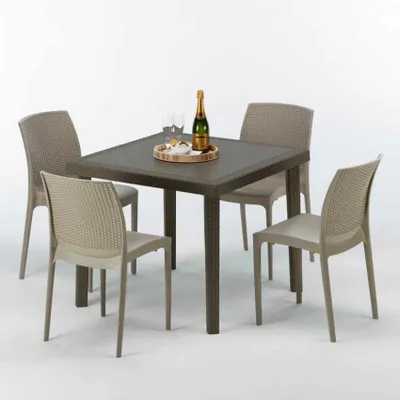 Produktbild von Poly Rattan Tisch Quadratisch mit 4 Bunten Stühlen 90x90 Braun Brown Passion