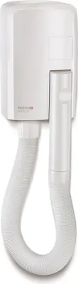 A white wall-mounted hairdryer with a flexible hose.