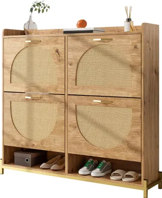 Obrázok produktu pre Drevená skriňa na topánky s ratanovými dvierkami, 4 dvierka, kovový rám, elegantný dizajn