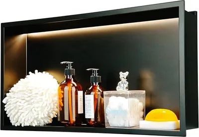 Produktbild von LED Edelstahl Einbaunische Wandnische für Dusche?Integrierte Fliesenlose Duschablage aus Rostfreiem Edelstahl, Badezimmer-Aufbewahrung für Shampoo & Duschgel (Matt schwarz, 60X30cm)
