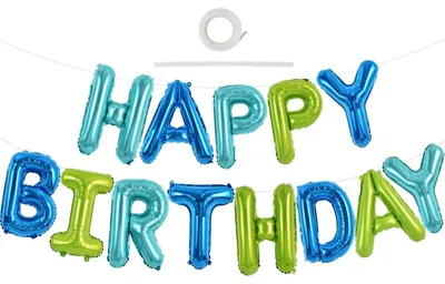 Image de Joyeux anniversaire Guirlande de ballons, bleu et vert, 15 ballons en aluminium, 40,6 cm
