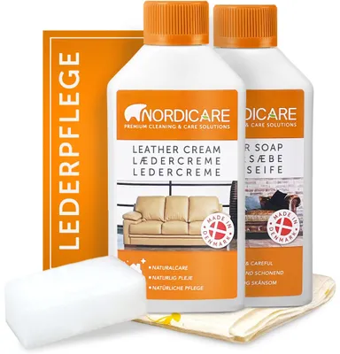 Produktbild von Nordicare Lederpflege Set [250ml] für Auto, Couch und Möbel I Lederreiniger zur Leder Pflege I Lederpflegeset, Leder Reinigung, Lederpflege Sofa, Leather Cleaner, Lederpflege Auto