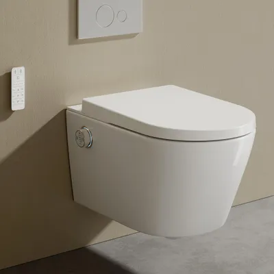 A wall-mounted toilet with a bidet function and a remote control on the wall.