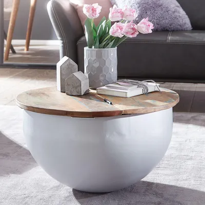 Produktbild von FineBuy Couchtisch Mango Weiß 60x34x60 cm Massivholz Metall Tisch Industrial Rund Design Wohnzimmertisch mit Stauraum Loungetisch Sofatisch Modern