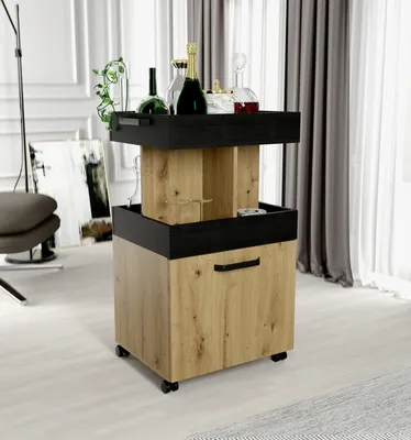 Produktbild von Servierwagen >Home Bar< auf Rollen, in Artisan Eiche Dekor / Schwarz - 50,2x88,5x41cm (BxHxT)