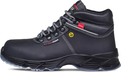 A side view of a black HKS safety boot.