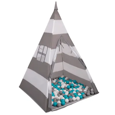 Zdjęcie produktu dla nt-200x-02-grey Selonis namiot tipi nt-200x z piłeczkami 6cm szaro-białe pasy: szary-biały-turkus 43x43x36/100piłek zabawka namiot dla dzieci