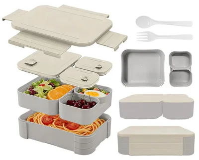 Produktbild von Kinder-Lunchbox 1760 ml 3-in-1 – Auslaufsichere Bento-Box mit Fächern – Mikrowellengeeignet, BPA-frei, inklusive Löffel und Gabel – Stapelbar, ideal für Schule und Essenszubereitung (grau)
