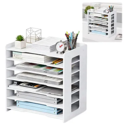 Obrázok produktu pre Organizér A4, držiak na dokumenty, priečinok na papiere A4, úložný box, organizér, zásuvka do domácnosti, kancelárie alebo školy (biela, 7 úložných priehradiek)