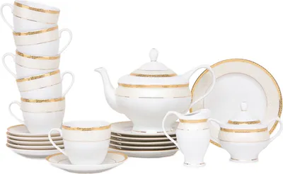 Produktbild von Konsimo Teeservice für 6 Personen (15 Artikel) "AGAWA GOLD", Weiß, Porzellan, Classic, 200 ml / 15cm / 19,5 cm / 1,2 l